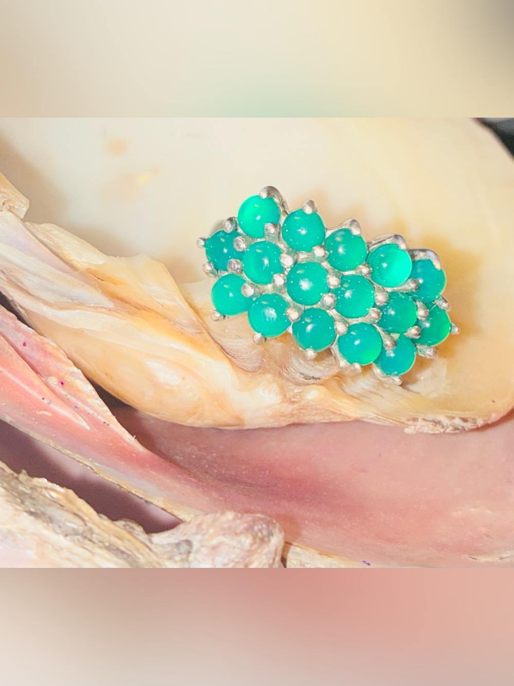 Emerald Green Cluster Cabochon Ring Set in Sterling Silver - Women Jewelry - Picture 2 of 10